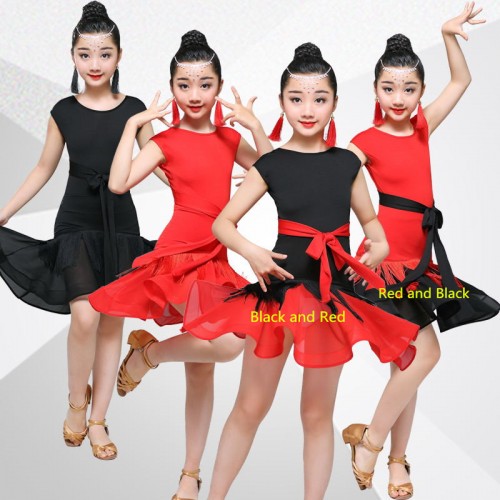 Kids latin dresses competition girls children red black school gymnastics stage performance rumba salsa chacha dance dresses 